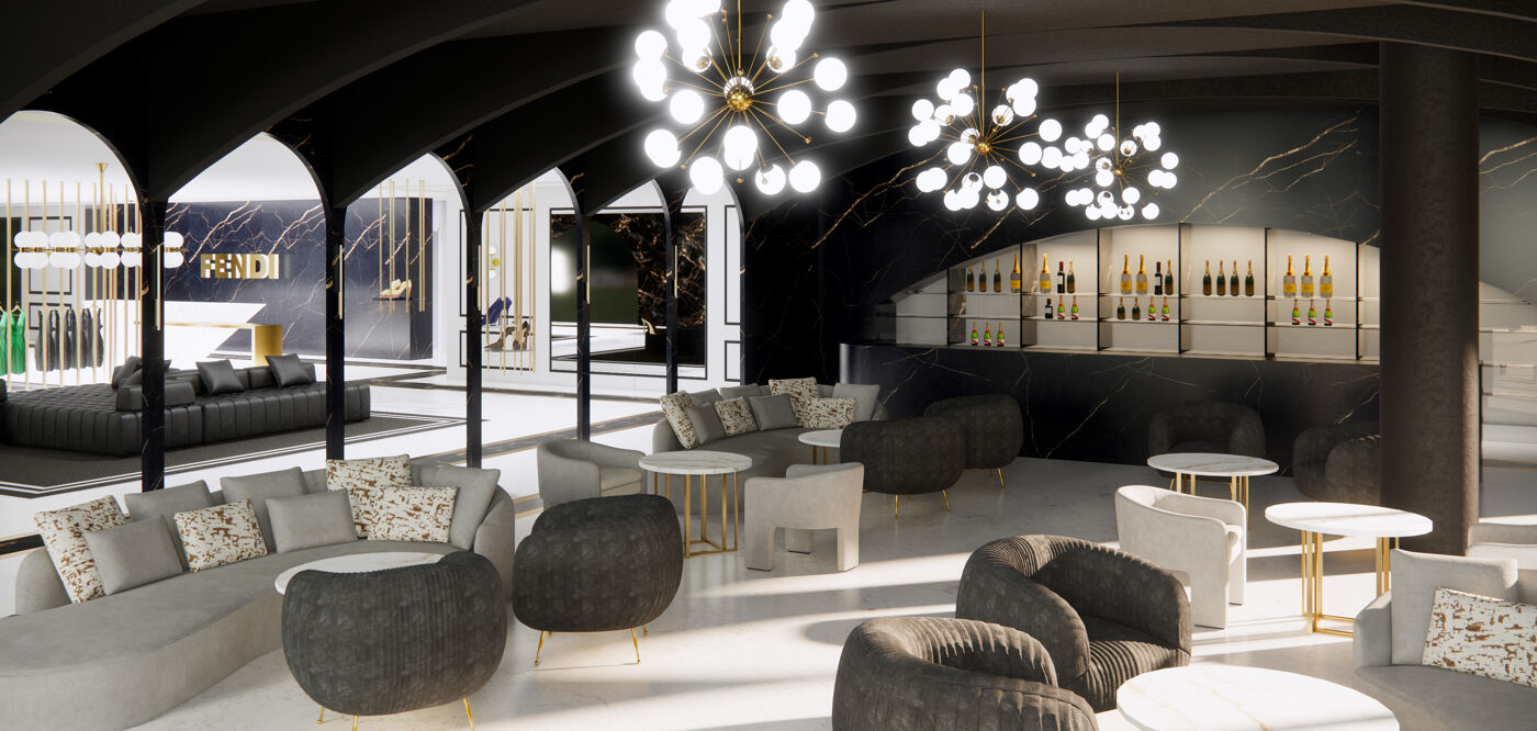 This image depicts a modern and elegant interior featuring plush sofas, gold-accented coffee tables, and unique pendant lights, creating a welcoming and sophisticated ambiance.