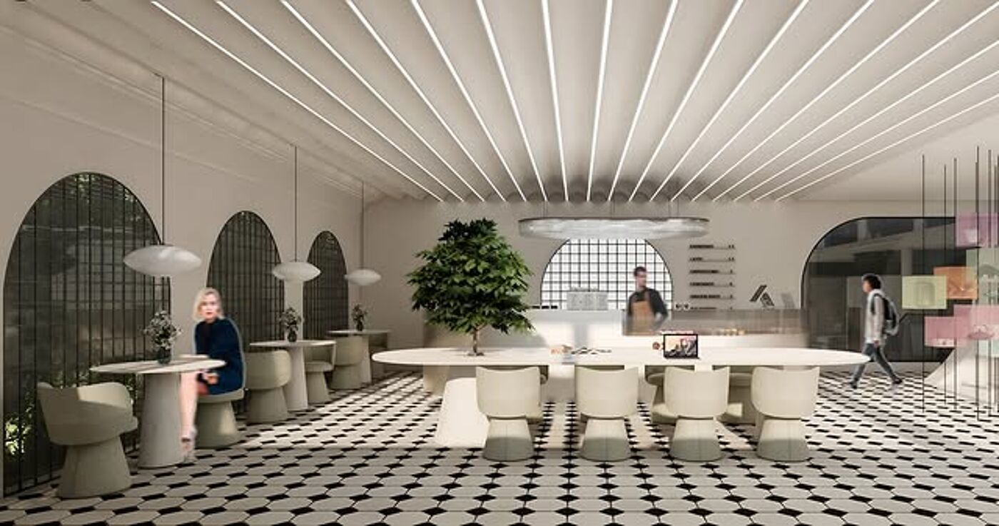 This modern cafe interior features sleek tables, white chairs, and a unique ceiling design with linear lighting, creating an inviting atmosphere.
