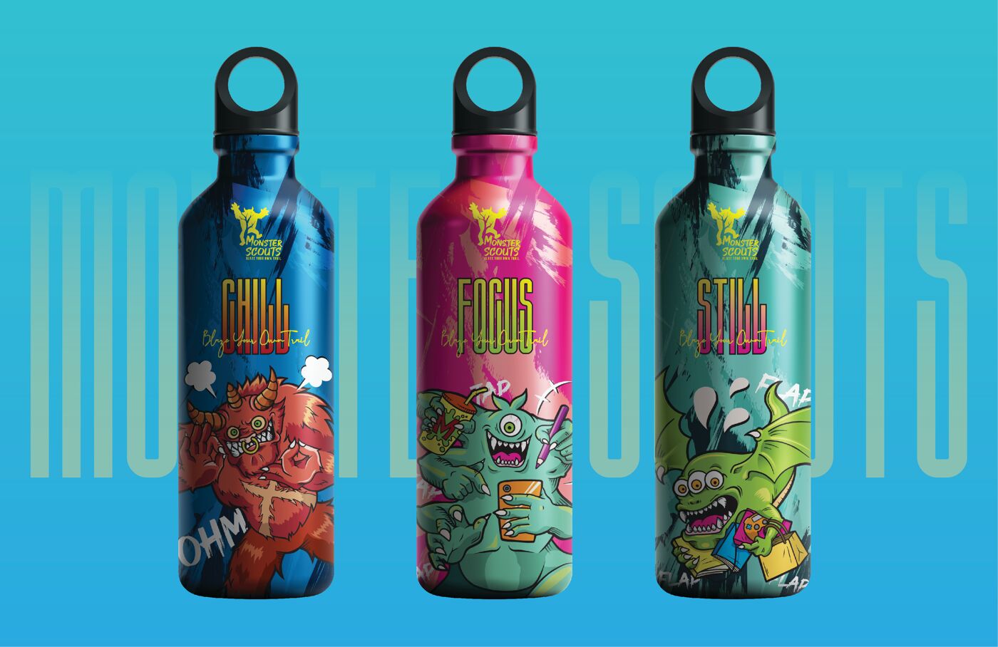 "A series of three vibrantly designed water bottles featuring cartoon monster characters, each with a unique theme: 'Chill', 'Focus', and 'Studious'."