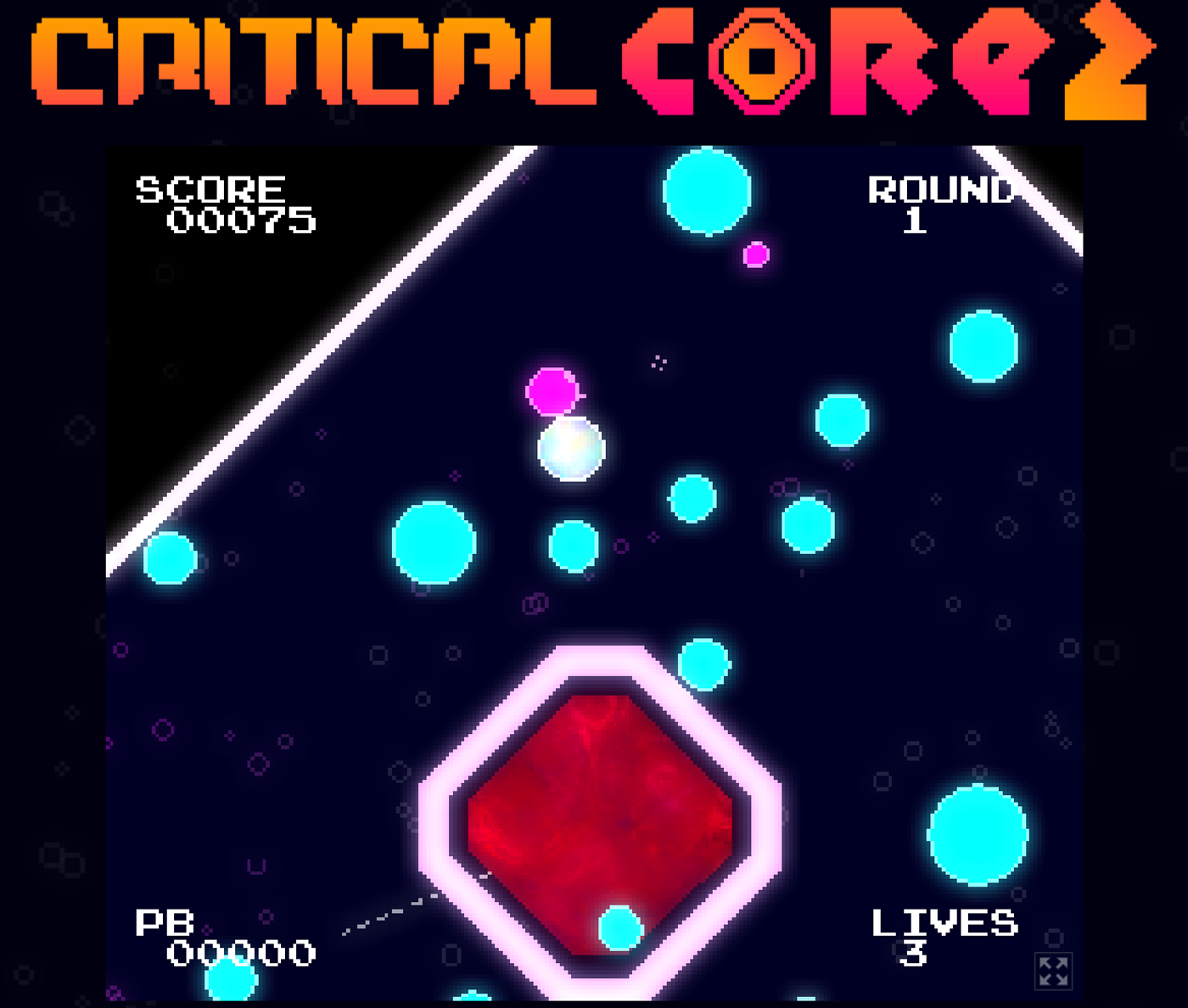 This is an arcade-style game featuring glowing orbs and a central red square. The game displays high scores, rounds, and lives.