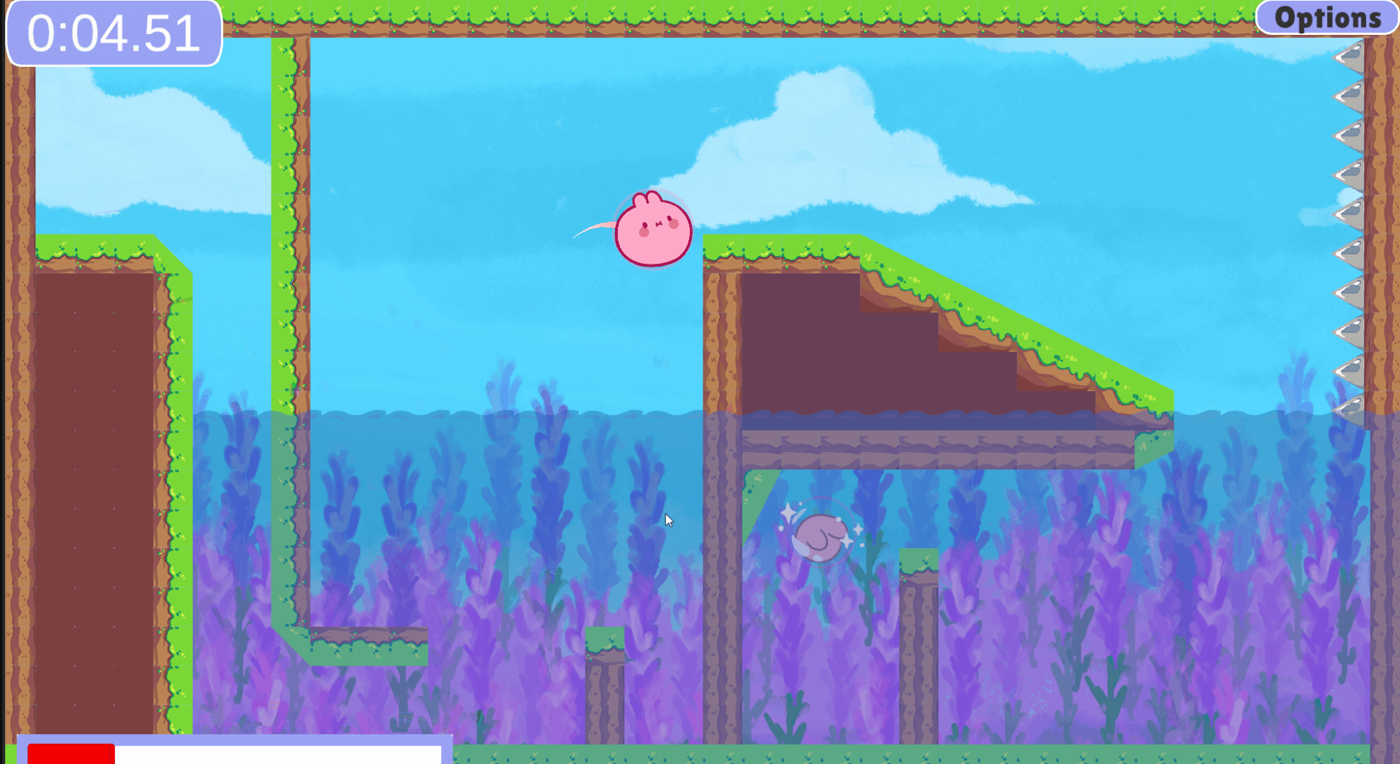 A pink pig-like character is flying above a section of purple water filled with seaweed, while another gray swimming character is below the surface.