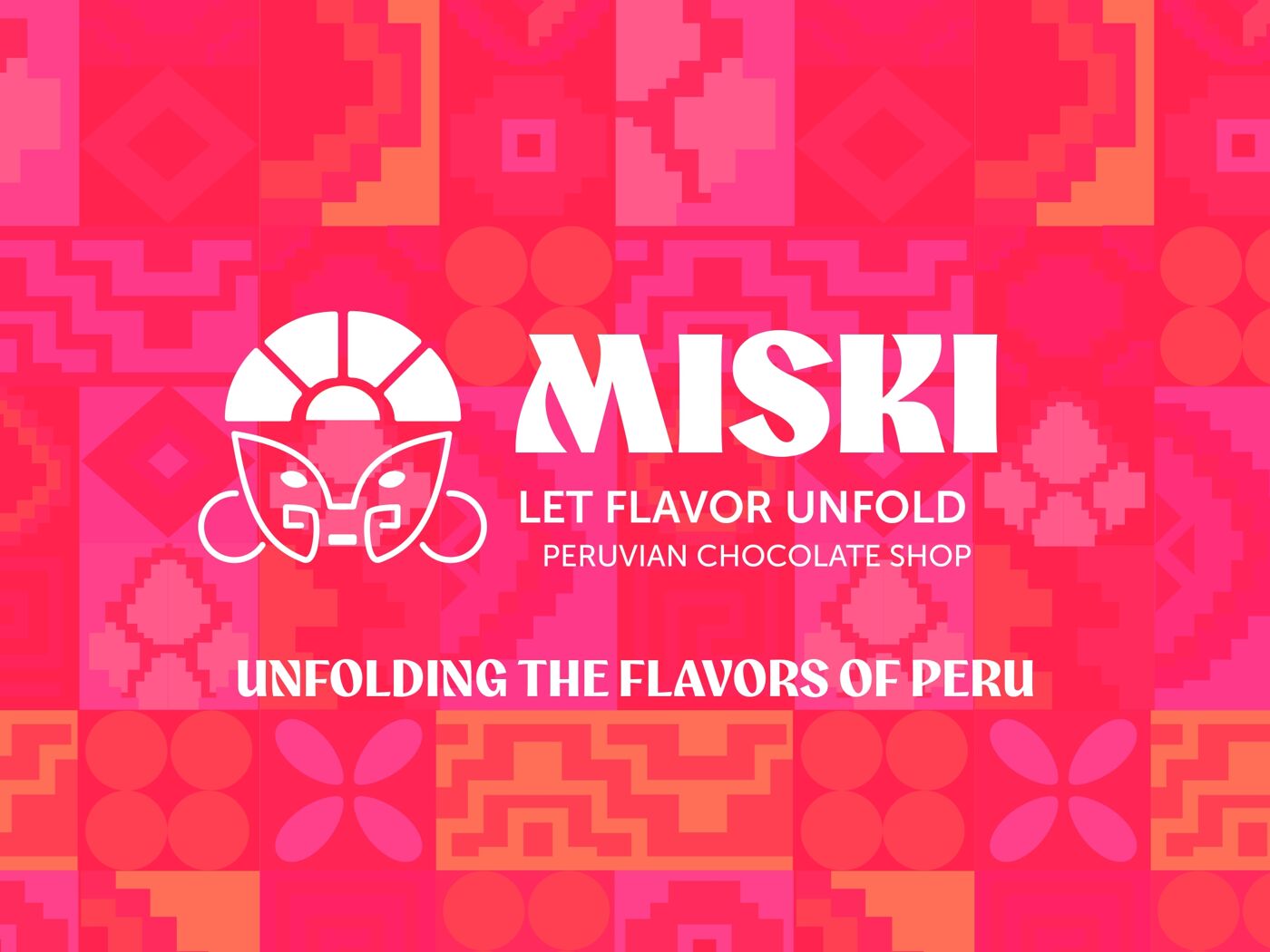 This image displays the logo for "MISKI," a Peruvian chocolate shop. The branding emphasizes "Unfolding the Flavors of Peru" with vibrant, culturally inspired patterns.