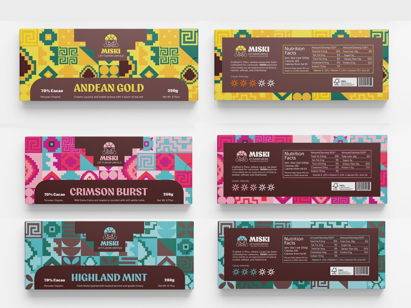 This image displays three Miski chocolate bars with distinct Andean-inspired packaging designs: "Andean Gold," "Crimson Burst," and "Highland Mint."
