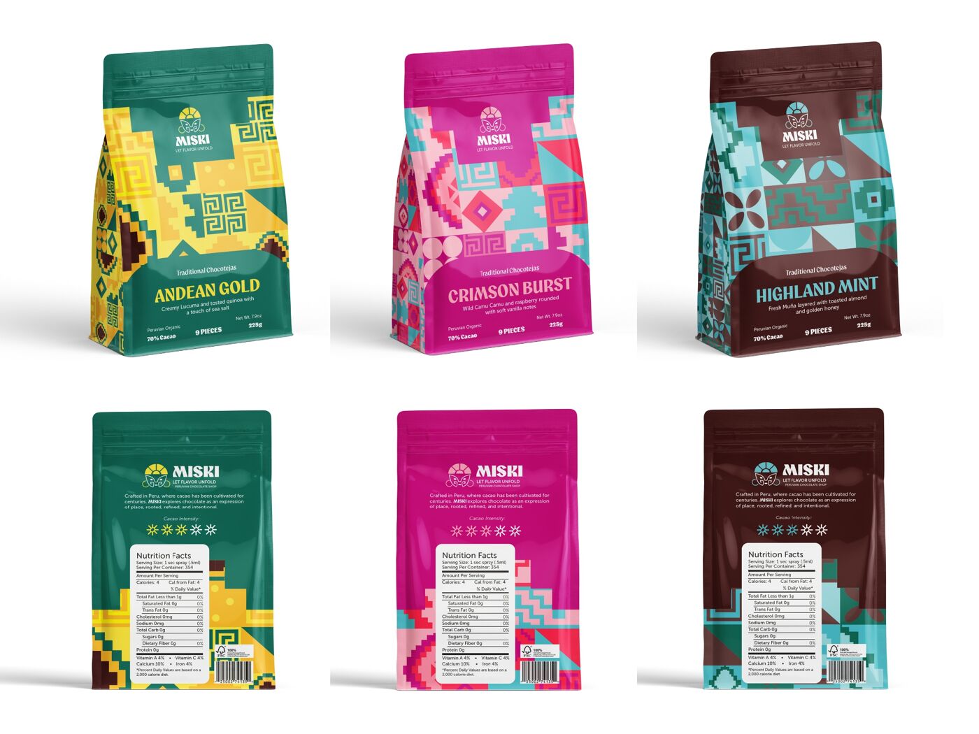 This is a set of six tea packages, three on top and three on the bottom, showcasing different flavors like Andean Gold, Crimson Burst, and Highland Mint.