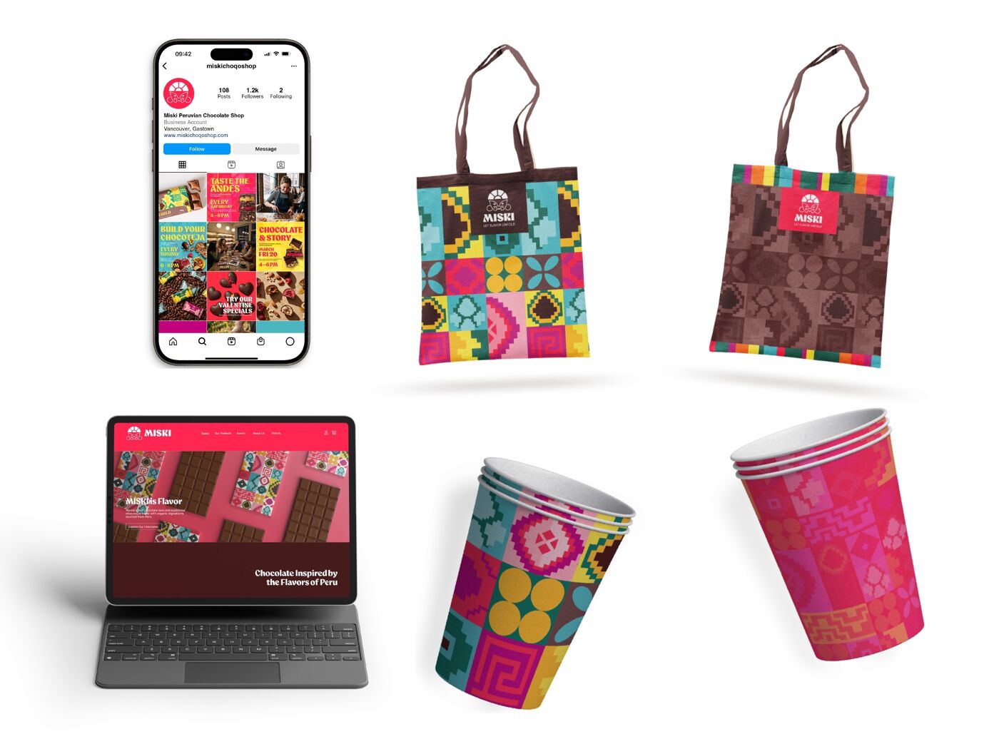 This is a collection of branded merchandise featuring a mobile app, tote bags, a laptop, and cups, all showcasing a colorful and vibrant design.
