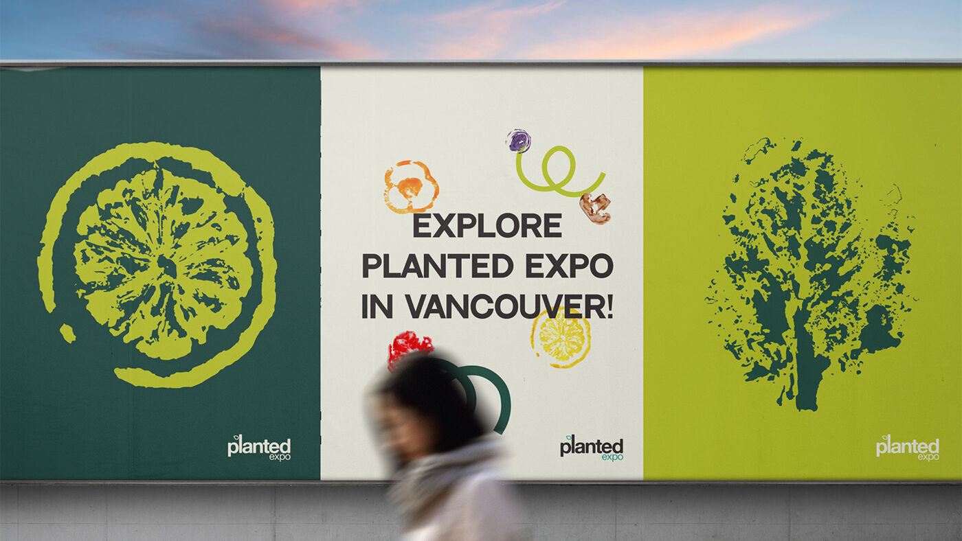 Explore the Planted Expo in Vancouver! This image displays a vibrant advertisement featuring illustrations of fruits and trees, promoting an event in Vancouver.