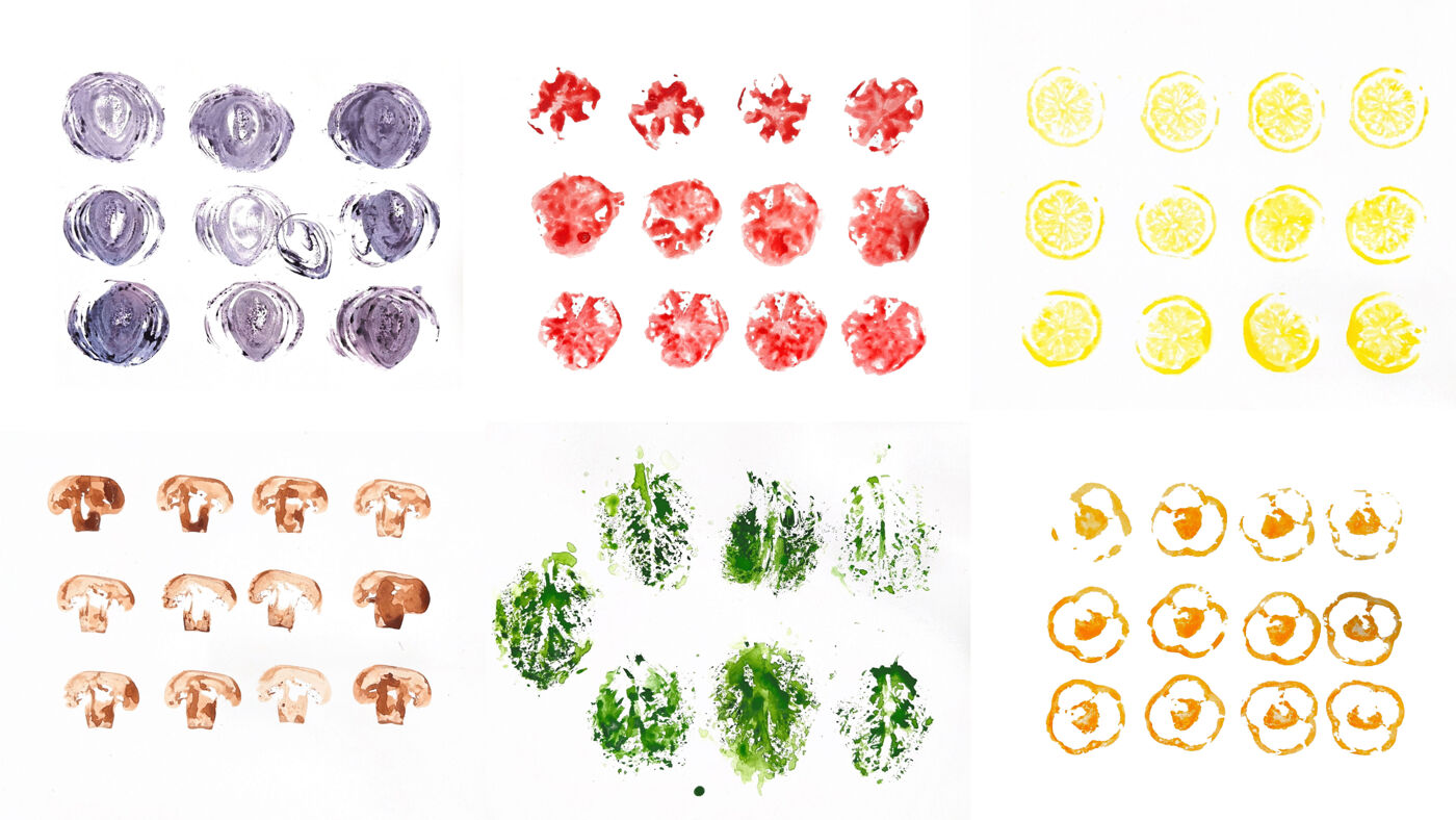 This image displays fingerprint art resembling various foods like mushrooms, berries, lemon slices, green leaves, and fried eggs. It's a creative children's art activity.