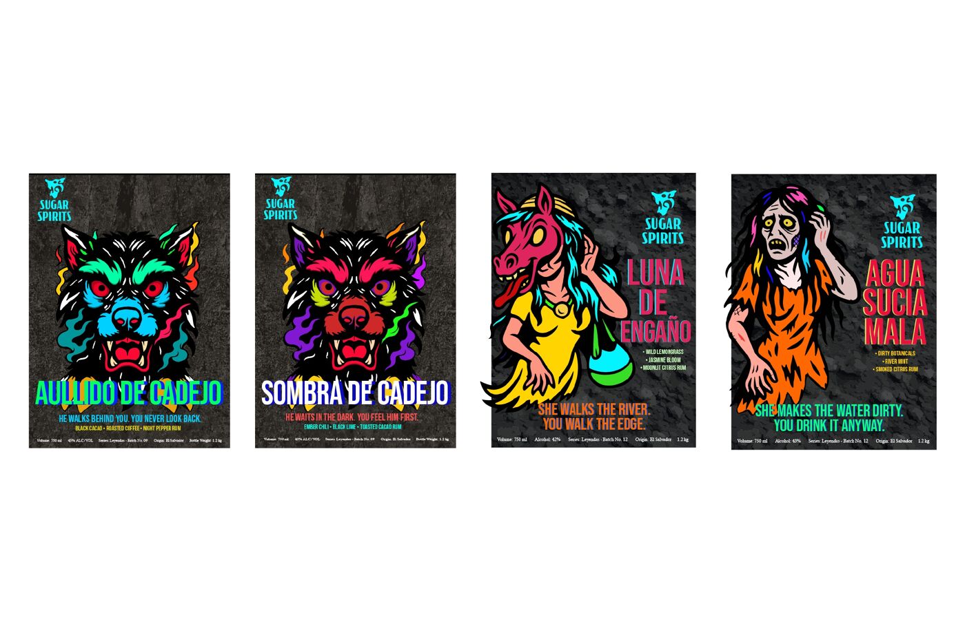 This image displays four stylized character illustrations, possibly for a beverage brand, with Spanish text including names like 'Aududo de Ondejo' and 'Agua Sucia Mala'.
