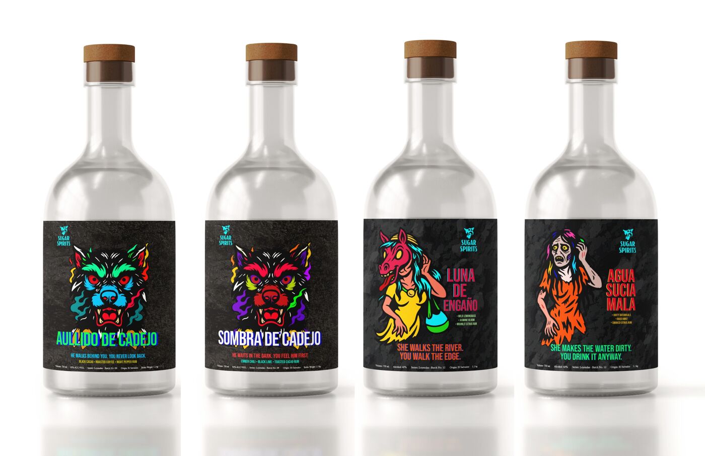 These are four bottles of beverages with vibrant labels, each featuring unique designs of mythical creatures and animals, with names like "Aullido de Cadejo" and "Sombra de Cadejo".