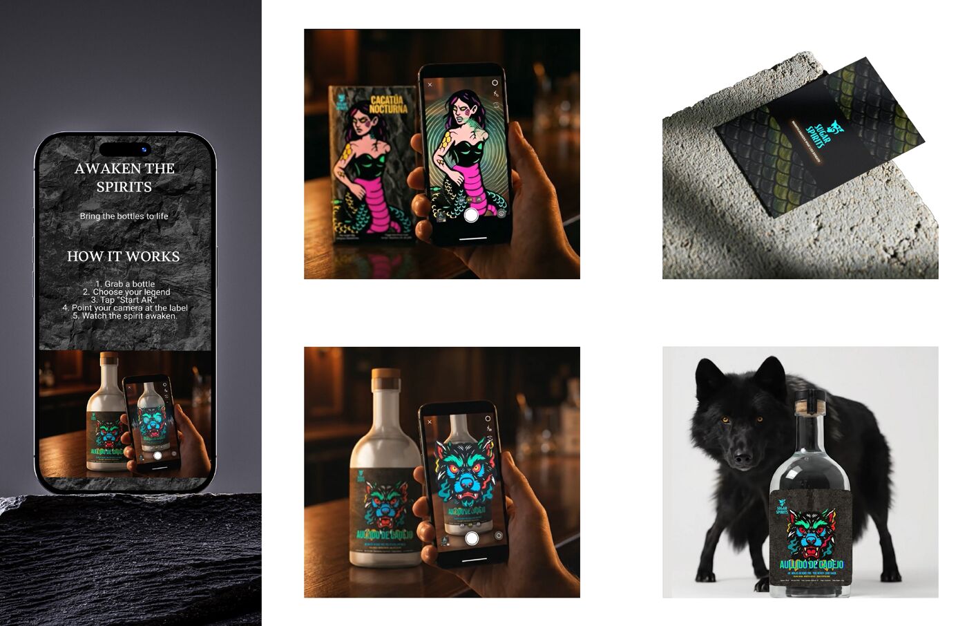 This image showcases an augmented reality experience for a liquor brand, where users can scan a bottle to awaken spirits, featuring interactive elements and promotional materials.