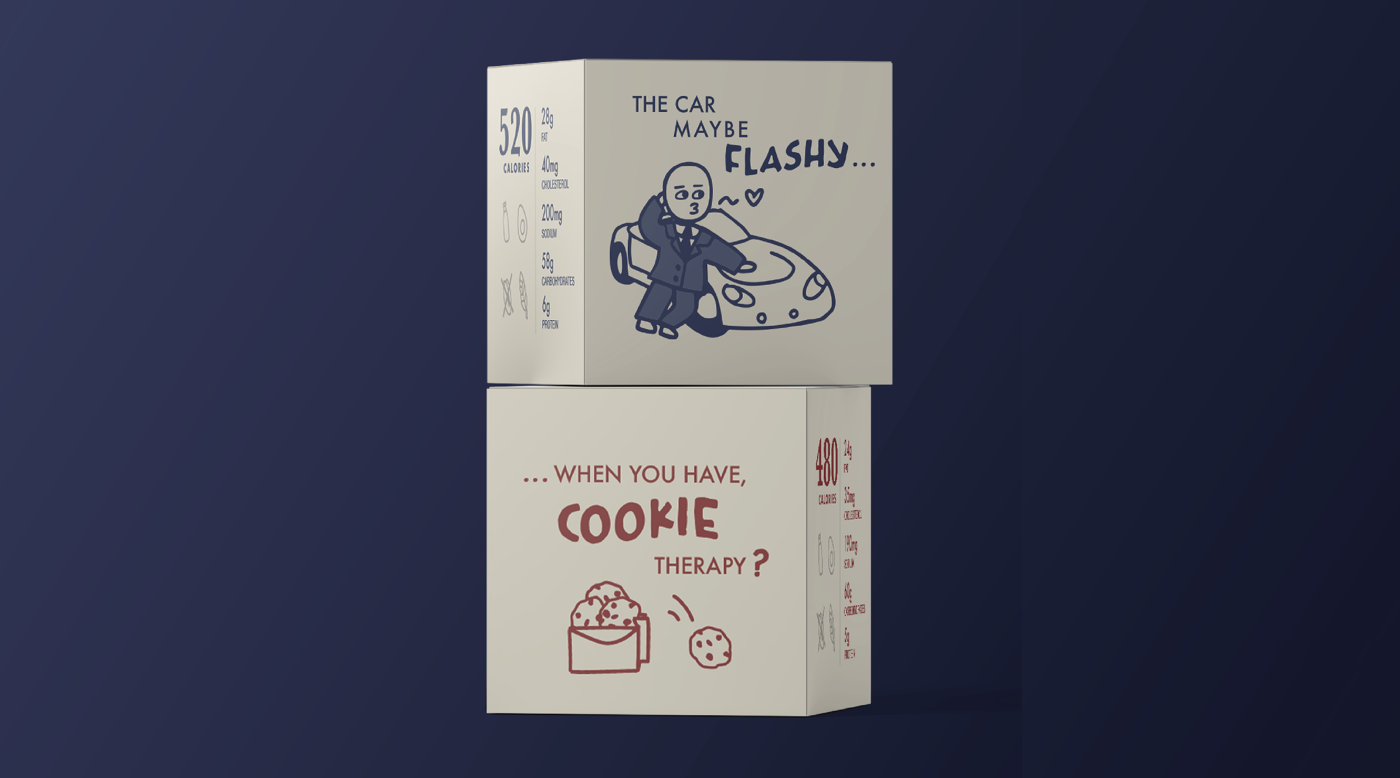 The image displays two stacked cubes with illustrations. The top cube reads "THE CAR MAYBE FLASHY..." with a drawing of a man and a sports car. The bottom cube says "...WHEN YOU HAVE, COOKIE THERAPY?" with an image of cookies.