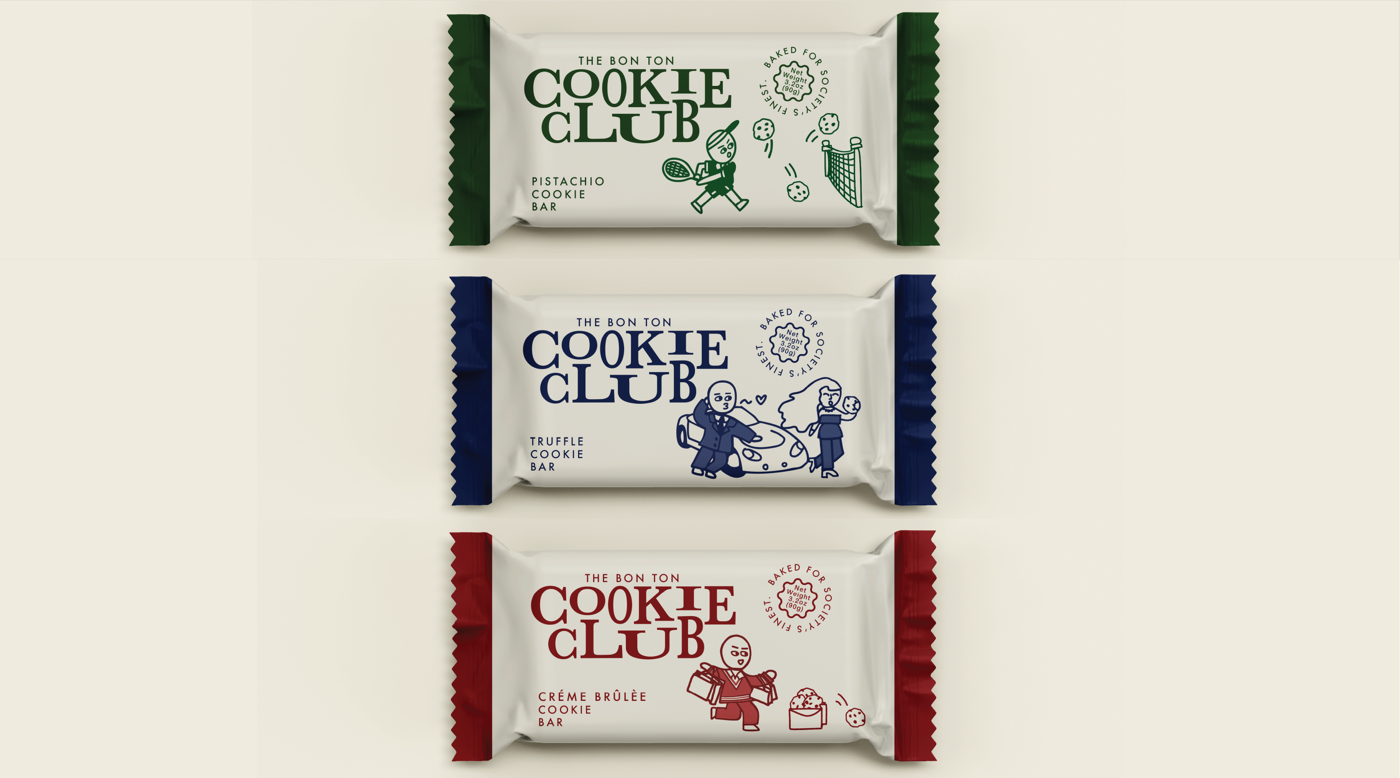 Three cookie bars from The Bon Ton Cookie Club: 'Matcha', 'Truffle', and 'Crème Brûlée', each featuring whimsical illustrations.