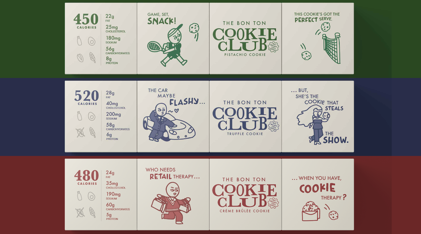 The image displays three cookie packages from The Bon Ton Cookie Club, featuring nutritional information and playful illustrations. Each package highlights a different cookie flavor: pistachio, truffle, and chocolate mint.
