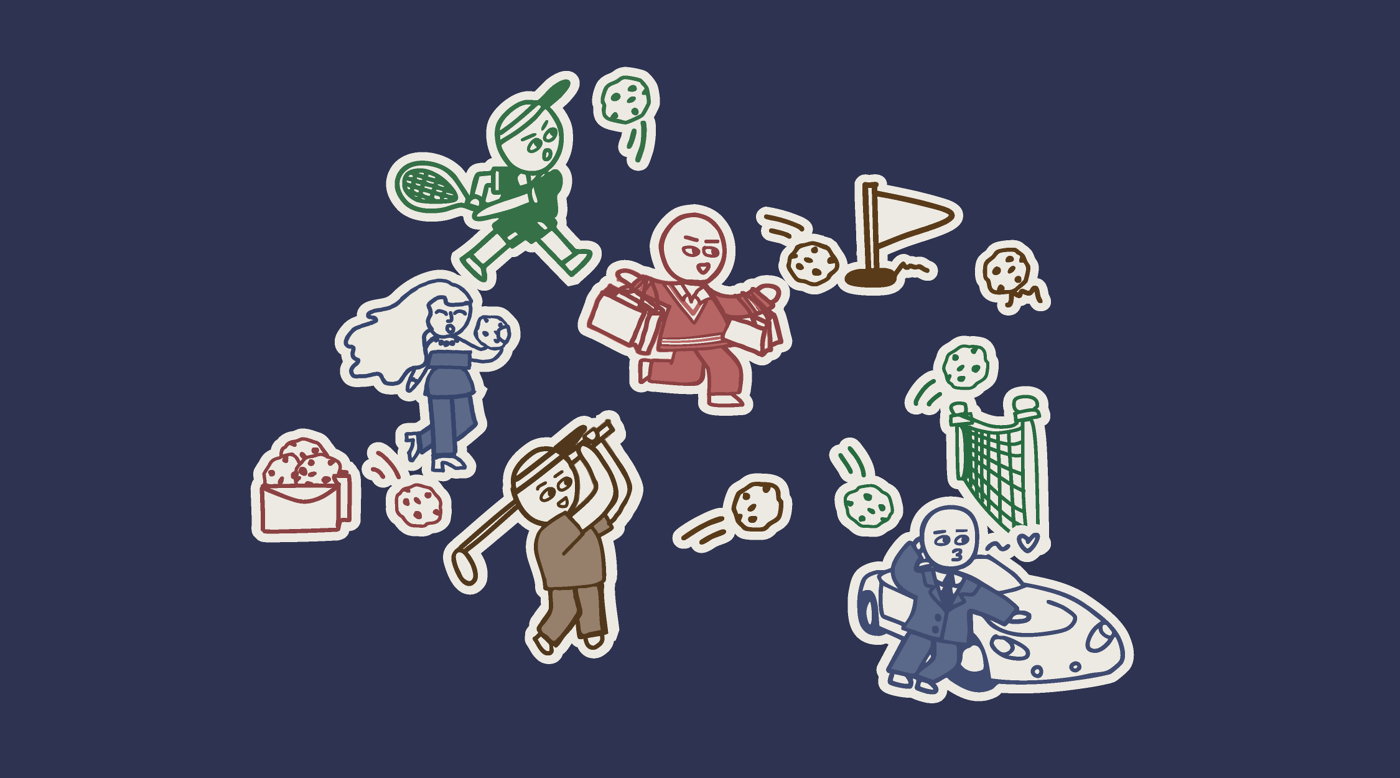 A collection of cartoon-style illustrations depicts various sports and activities, including golf, tennis, martial arts, and a person in a car.